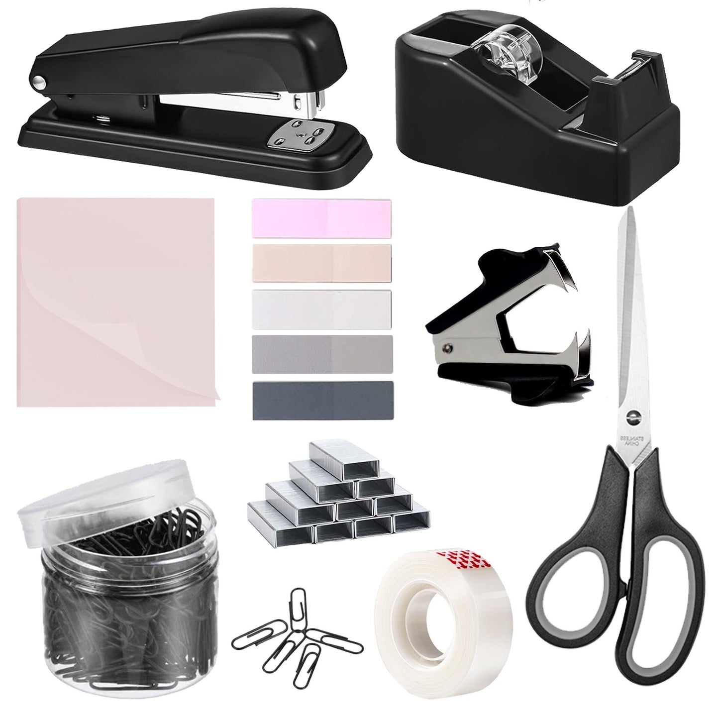 9 Pcs Office Supplies Bundle - Manual Desktop Stapler, Tape Dispenser, Scissors, Paper Clips Set, Binder Clips, Index Tabs & Sticky Notes
