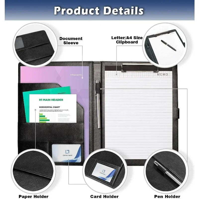 A4 Leather Clipboard Folder Padfolio Business Resume File Folder Padfolio Clipboard Interview Conference Document File Organizer