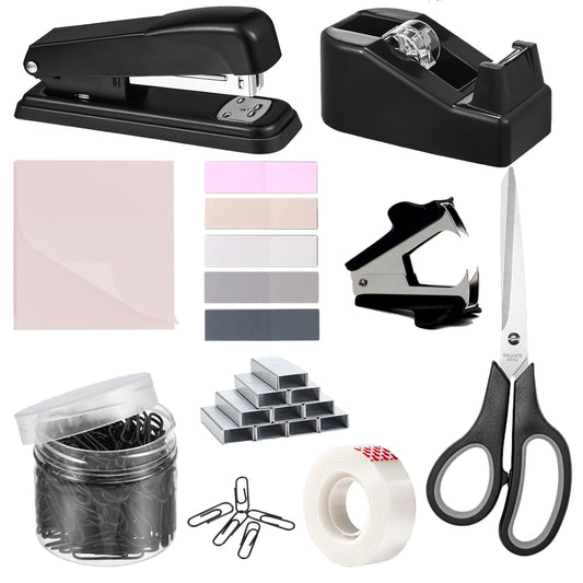 9 Pcs Office Supplies Bundle - Manual Desktop Stapler, Tape Dispenser, Scissors, Paper Clips Set, Binder Clips, Index Tabs & Sticky Notes