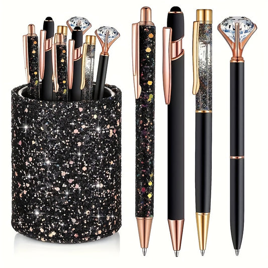 4pcs Dark Ballpoint Pen Table Metal Pen Flash Fancy Pen With Sparkling Pen Holder Black Ink Sparkling Lady Office Teacher Gift Desktop Decoration